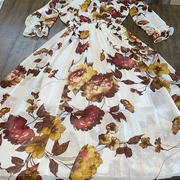 Vintage White Dark Fall Floral Puff Sheer Sleeve Modest Neck Flowy Midi Dress 6 - Picture 6 of 15